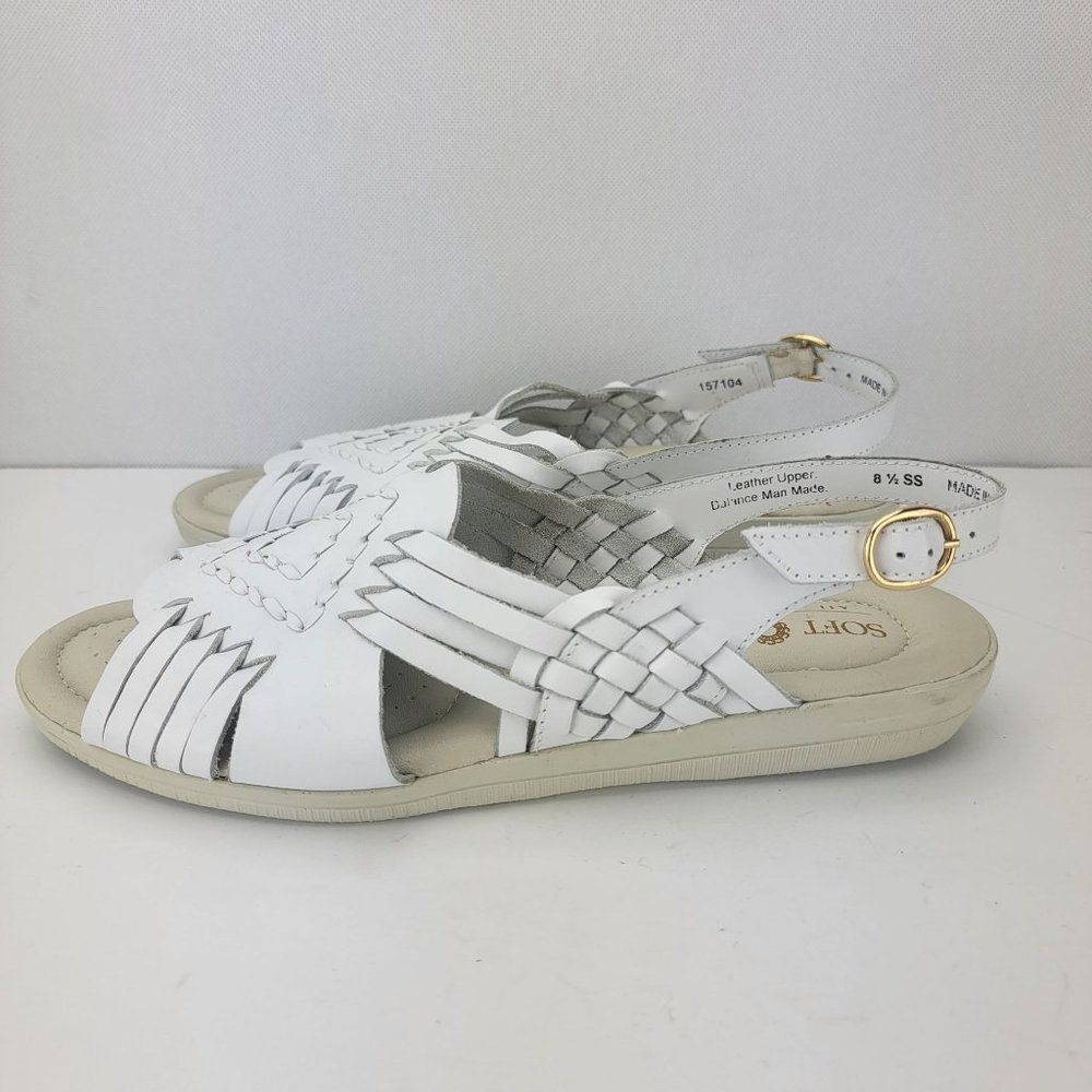 Soft Spots Womens Size 8.5 SS White Woven Leather Slingback Buckle Open Toe Sand
